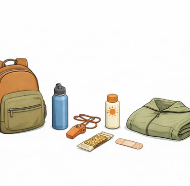 A backpack, water bottle, whistle, snack, sunscreen, jacket, and bandage arranged neatly.