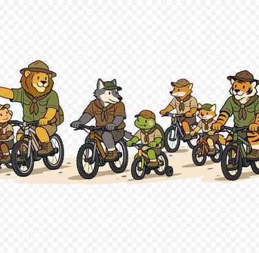 Group of riders of all ages, abilities and sizes.