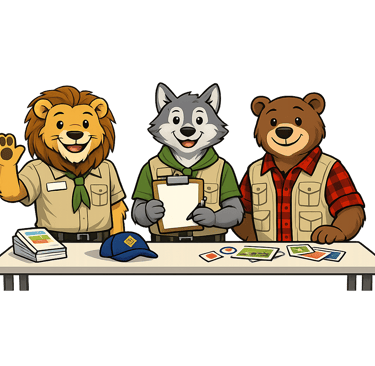 Three cartoon animal scout leaders welcome families at a table together.