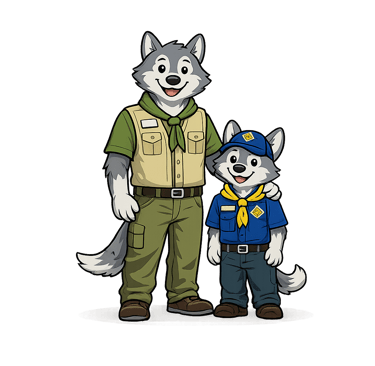 A cartoon scout leader stands proudly next to their Scout in uniform.