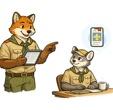 Scout leader holding a tablet showing a simple digital interface.