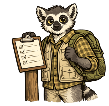 A cartoon lemur scout leader holds a checklist clipboard and a small backpack.