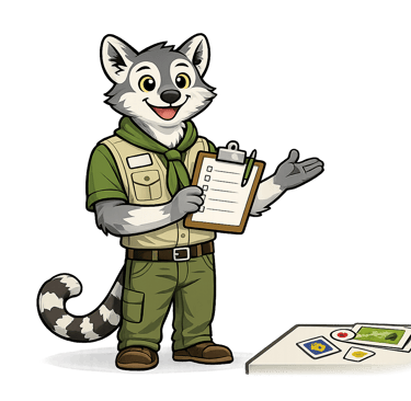 A cartoon lemur scout leader welcomes families and holds a sign-in clipboard.