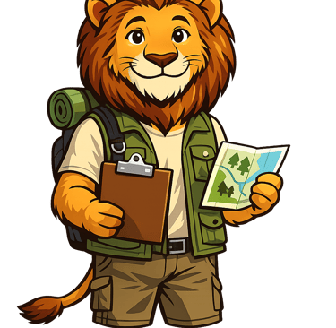 Cartoon lion in camping vest holding a map and clipboard, representing guidance for BALOO training.