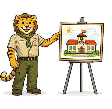 A cartoon tiger scout leader gestures toward a school building during an event.