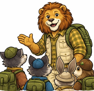 A cartoon lion scout leader gathers a group and speaks in a friendly, calm way.