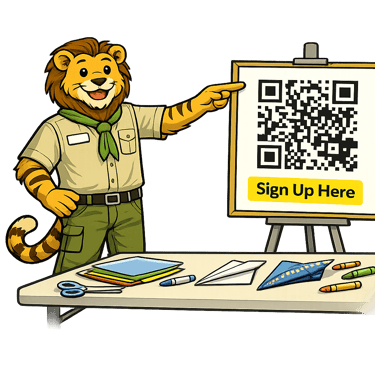 A cartoon tiger scout leader points to a registration QR code.
