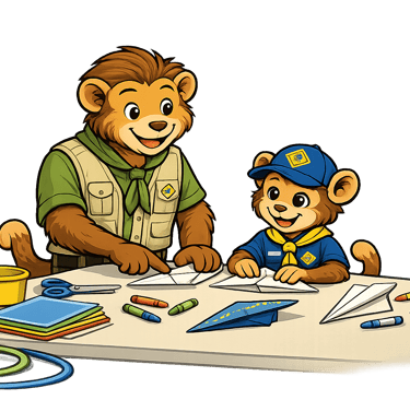 A cartoon monkey scout leader helps a child make a paper airplane.