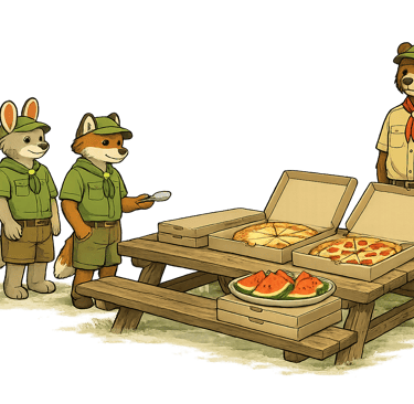 Scouts lining up for some pizza and water melon