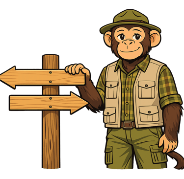A cartoon monkey scout leader stands beside a trail sign showing two different route options.