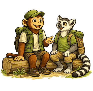 Monkey and lemur sitting on a log and talking, representing friendly reassurance for new leaders.