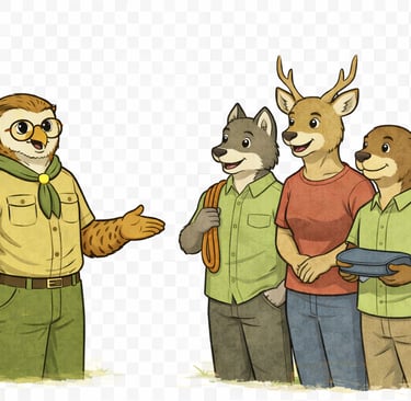 An owl scout leader speaking with three parents.