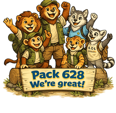 Cartoon animals celebrating together behind a sign that reads “Pack 628, we’re great!”