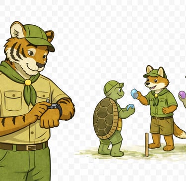 A scout leader checking their watch while scouts play nearby.