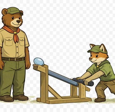 Scout launching water balloons toward distance targets.