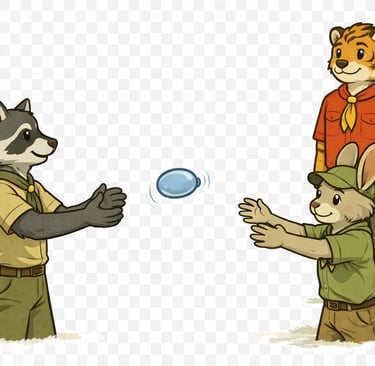 Two scouts tossing a water balloon and stepping back.