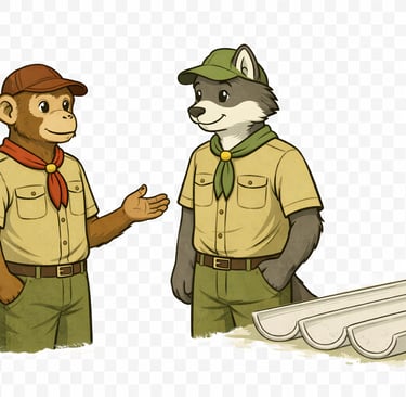 A scout leader standing beside event supplies on a table.