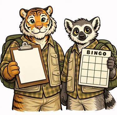 Two cartoon animal scout leaders hold a signup sheet and a scavenger hunt card.