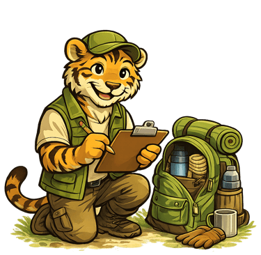Cartoon tiger kneeling with a clipboard beside an open backpack, checking gear for BALOO training.