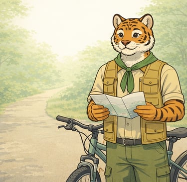 An adult anthropomorphic tiger scout leader standing with a bicycle and holding a folded map at a tr