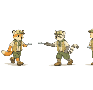 Scouts carrying water with spoons between two buckets.