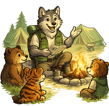 Cartoon wolf talking with other animals around a campfire, showing teamwork among Cub Scout leaders.