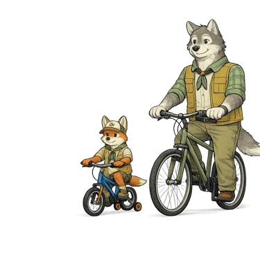 A wolf scout leader riding next to a fox scout on a bike with training wheels.