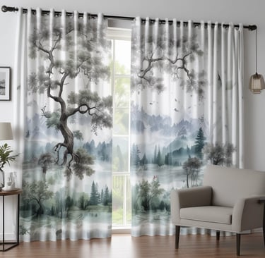 A window with vertical blinds and a single dark curtain partially drawn to the right side. Outside the window, there is a view of dense foliage or trees.
