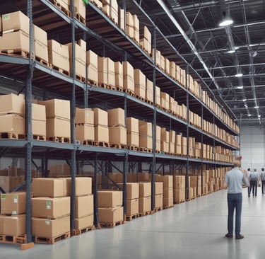A long warehouse aisle is lined with tall metal shelves filled with large, stacked boxes and pallets. The space is dimly lit, creating a tunnel effect down the aisle with visible symmetry and perspective extending into the distance.