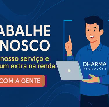 Banner digital horizontal com convite para trabalhar com a Dharma Produções. Fundo em tons vibrantes