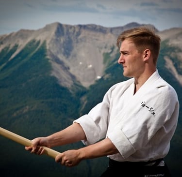 Joshu Sensei practicing kenjutsu on Sulphur Mountain
