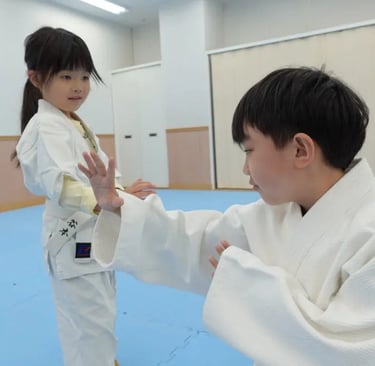 children practicing aikido at Rakushinkan in Japan