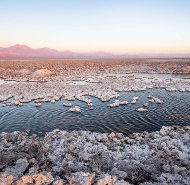Lagune salée et volcan dans le désert d'Atacama au Chili