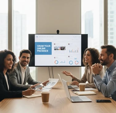  Four professionals engaged in a Common Sense Marketing meeting