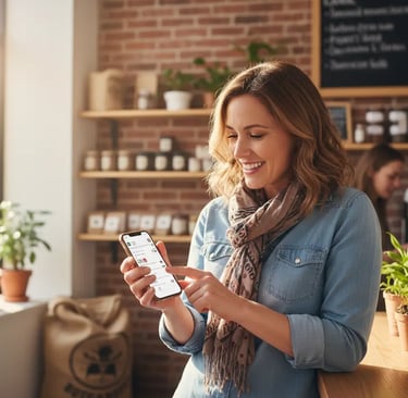 A woman smiles while checking social media comments for her small business