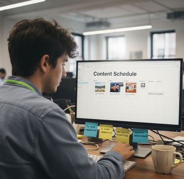 Person scheduling social media posts on desktop