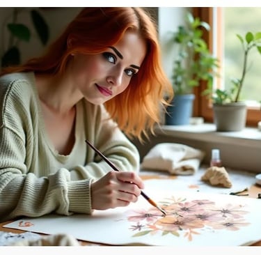Painting watercolor flowers in her studio