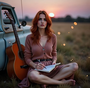 Skye sitting beside an old pickup truck