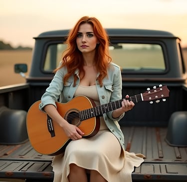 Skye sitting on truck bed with guitar