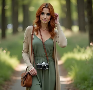 Red-haired woman walking a forest path at golden hour, wearing a green dress and cardigan, vintage camera and bag over her sh