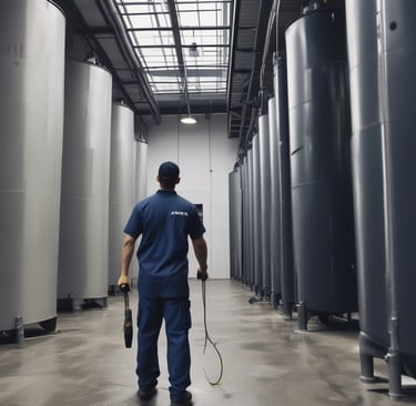 a man in a blue shirt and blue pants performing a silo cleaning services