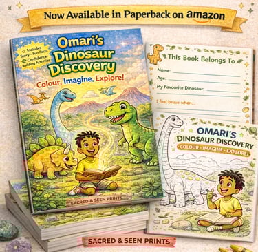 Omari's Dinosaur Discovery paperback activity book with coloring pages and story for kids on Amazon.