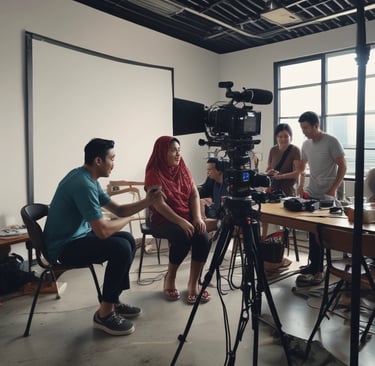 A film set scene with a group of people, including one person who appears to be acting, surrounded by cameras and lighting equipment. The setting has a warm, ambient lighting with decorations in the background and a red carpet on the floor.