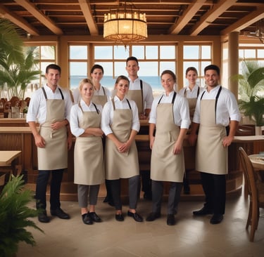An outdoor view of a restaurant called Sunset Beach, featuring orange and white striped awnings. The setting includes trees with lanterns hanging from branches above. Seating is visible inside with open doors, and several plants are arranged around the restaurant.