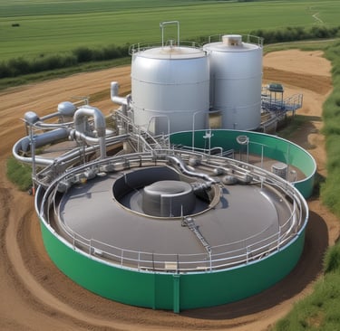 A large white cylindrical tank labeled '550 GAL INDUSTRIAL WASH WATER' sits on a concrete platform. The tank has pipes attached at the top and is surrounded by grass and gravel. Behind the tank, there is a fence and railcars, with some trees visible in the background.
