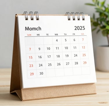 Spiral bound 2025 desk calendar on a wooden table for planning and organization.