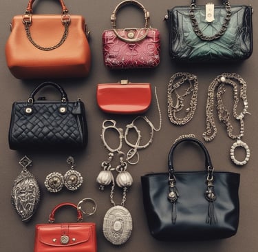 A display of wristwatches and jewelry is neatly arranged on a black velvet tray. Nearby, there are two leather bags, one black and one brown. A small sign reads 'decorative,' indicating the items are for sale, priced at $5 each. In the background, there is a stand with QR codes and the word 'thrift,' likely for digital payment options such as Venmo. Additional promotional material and business cards are visible.