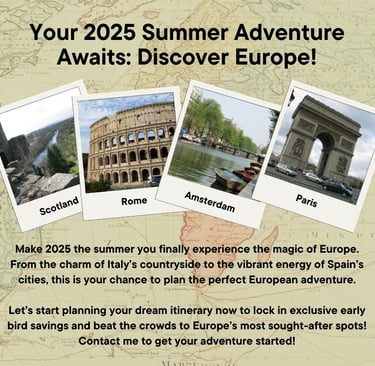 An ad for 2025 European vacations included photos from different European locations