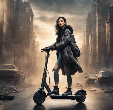 a beautiful petite waif in apocalyptic clothing riding a electric scooter through an apocalyptic cit