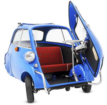 a small blue car with a red seat and a red seat